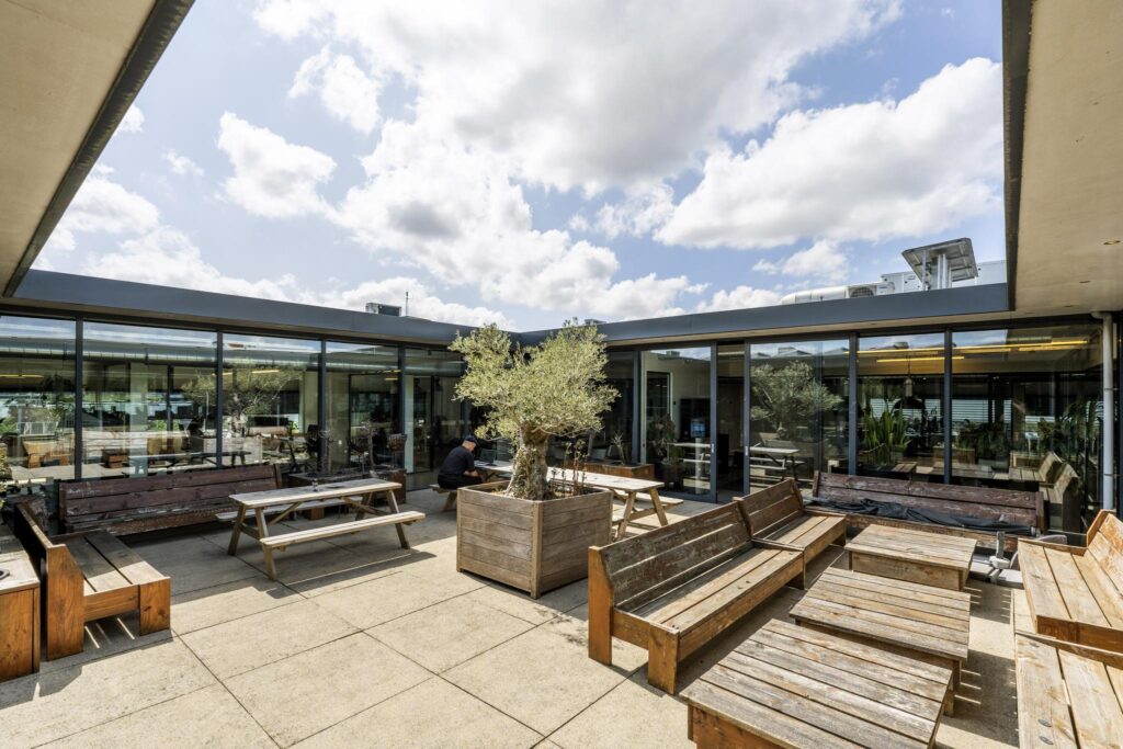 Sunny courtyard with wooden benches, picnic tables, and potted trees at Johan van Hasseltweg.